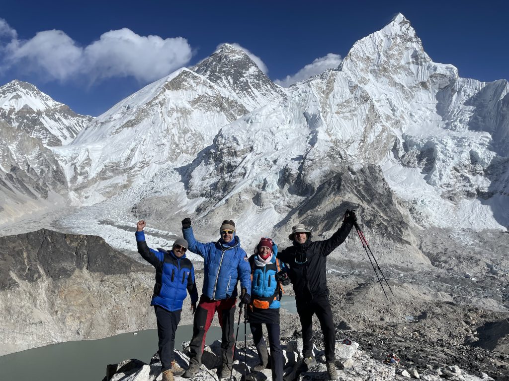 Panoramic view of Mount Everest and surrounding peaks in the Himalayas