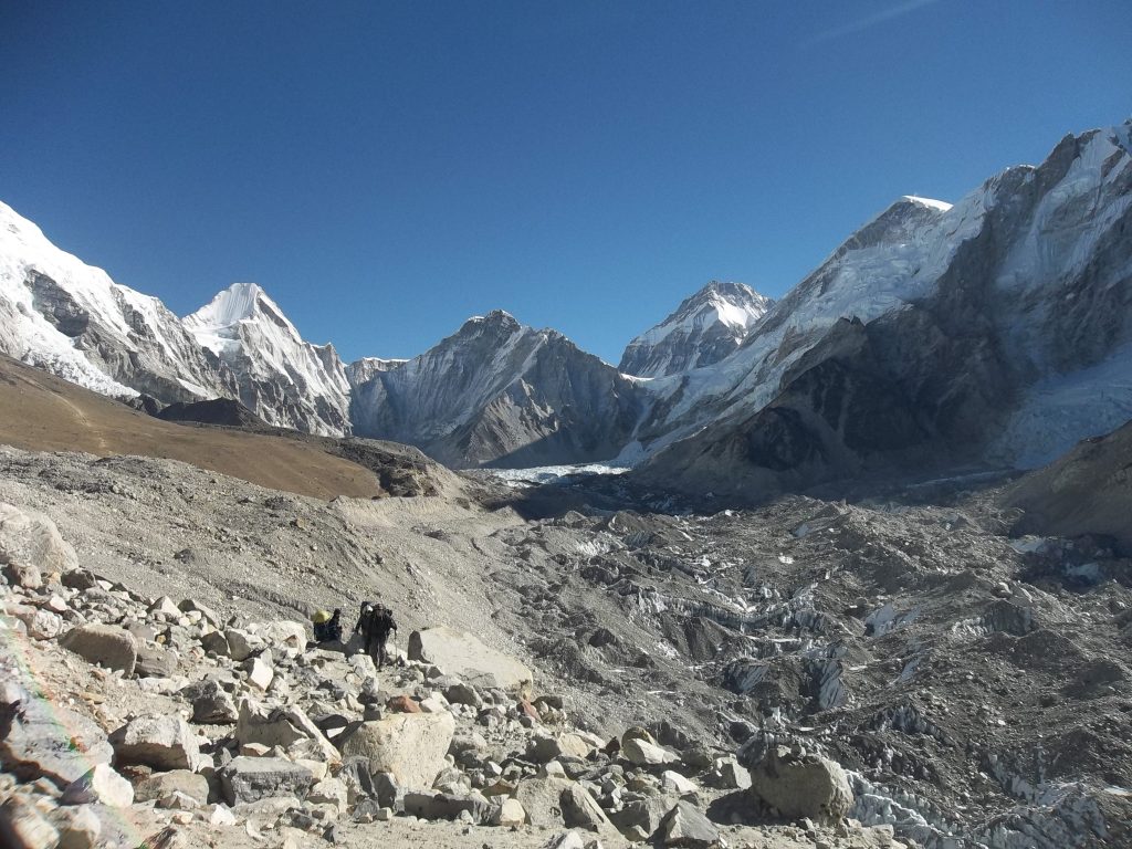The Khumbu Glacier, located between Mount Everest and the Lhotse–Nuptse ridge, is the world’s highest and largest glacier.