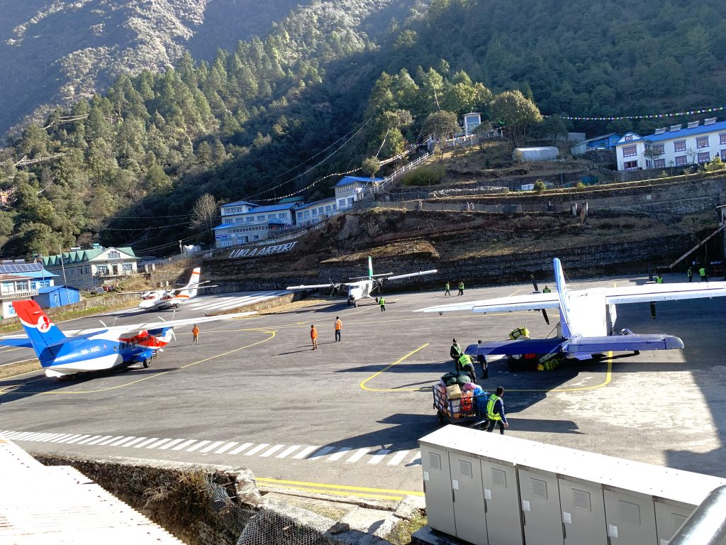 Busy Lukla Airport during peak trekking season.